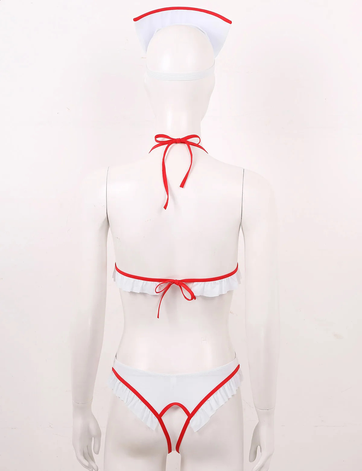 Womens Fantasy Sexy Nurse Cosplay Roleplay Lingerie Set Halter Neck Open Cups Crotchless Tie-on Leotard Bodysuit with Headband 241118