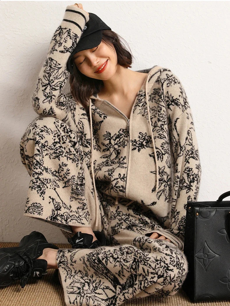 Vintage Printed Knitted 2-piece Womens Casual Knitted Hooded Zipper Sweatshirt Coats Conjuno High Waist Wide Leg Pants Set 241116