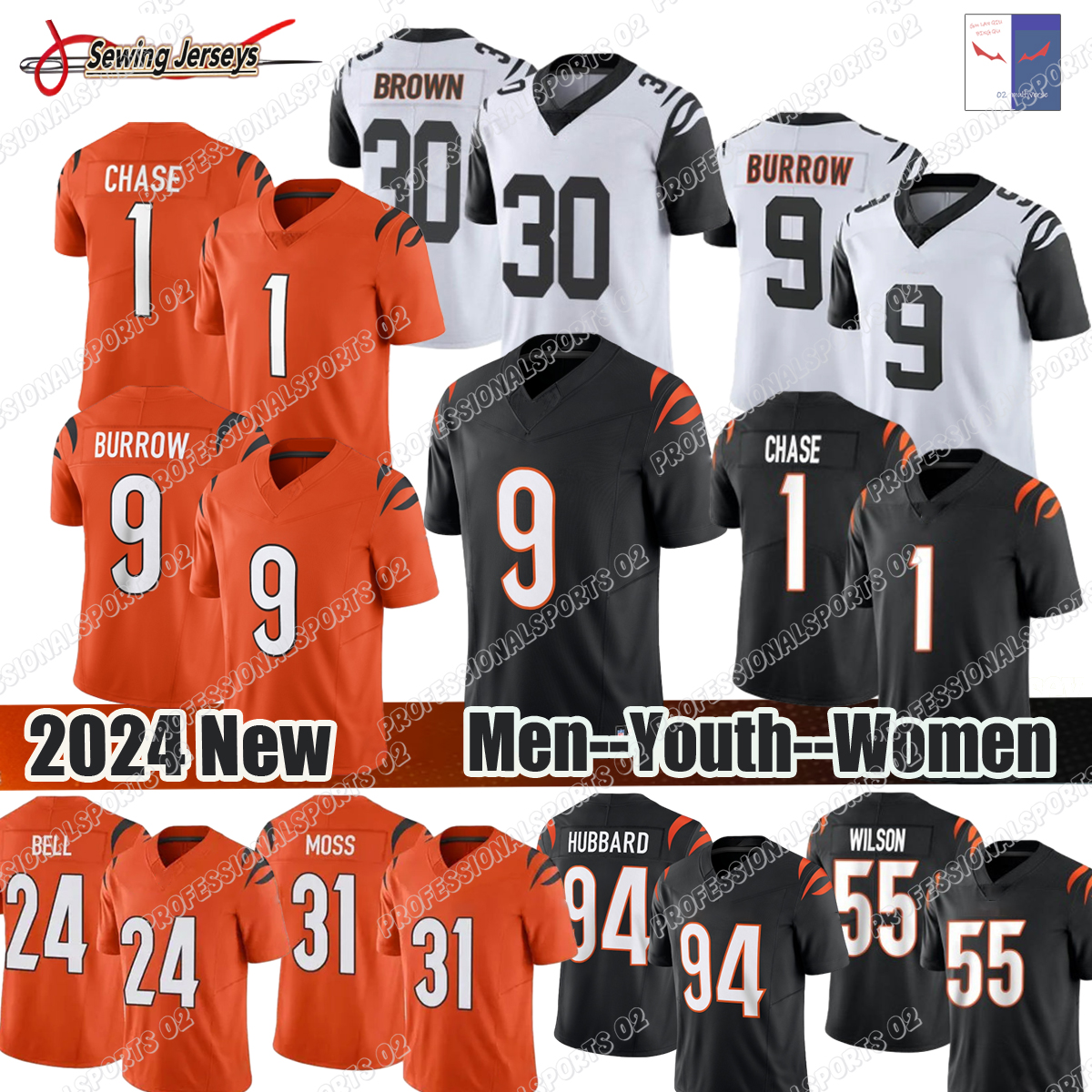 Joe Burrow Jersey Chase Brown BengalsS Jersey Ja'Marr Chase Mike Gesicki Tee Higgins Andrei Iosivas Zack Moss Joe Burrow Erick All Jr Jermaine Burton Football Jerseys