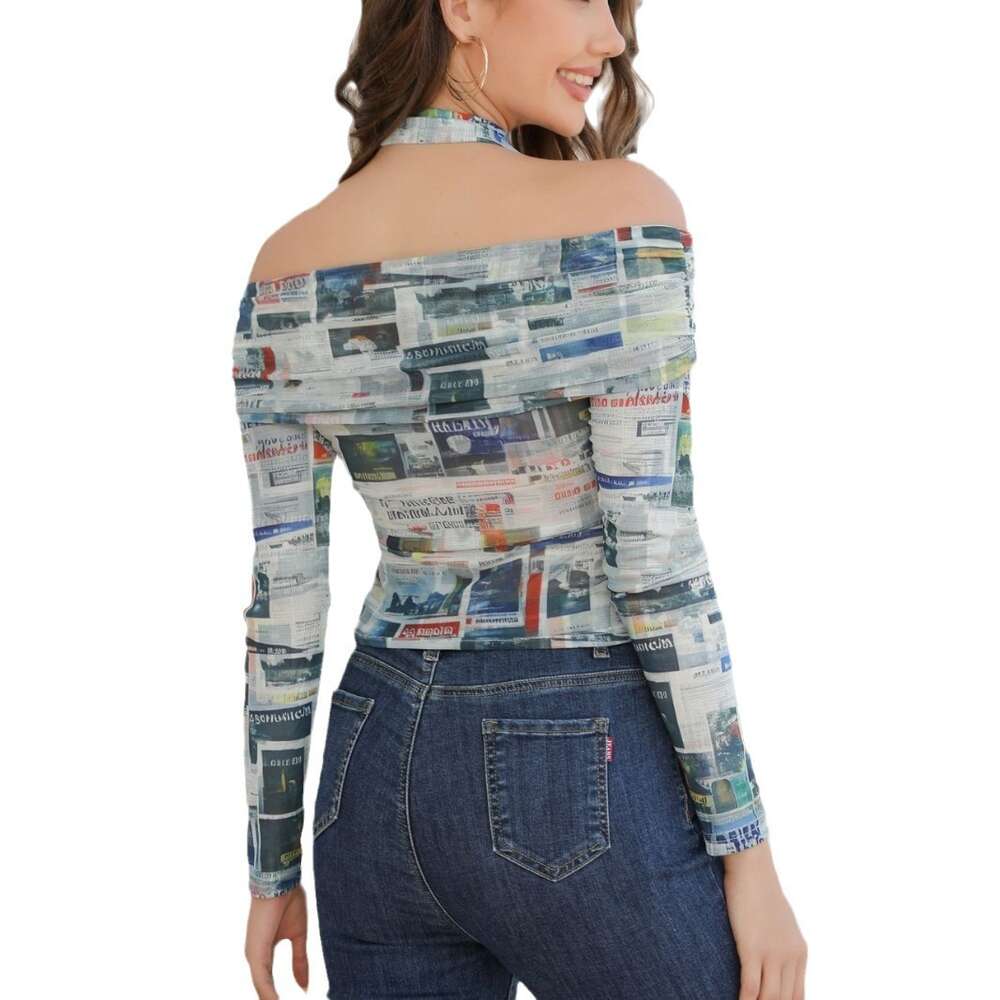 Spicy Girl Style Tie Up One Shoulder Long Sleeved Slim Fitting Sexy Newspaper Print Top for Women's 2024 Spring and Autumn New T-shirt F41830