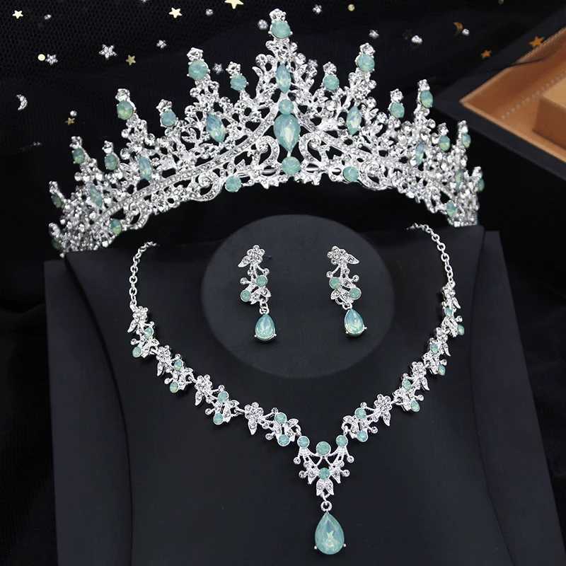 Luxury Silver Opal Water Drop Crown Bridal Jewelry Set Water Diamond Headpiece and Necklace Earrings Wedding Jewelry Set W241118