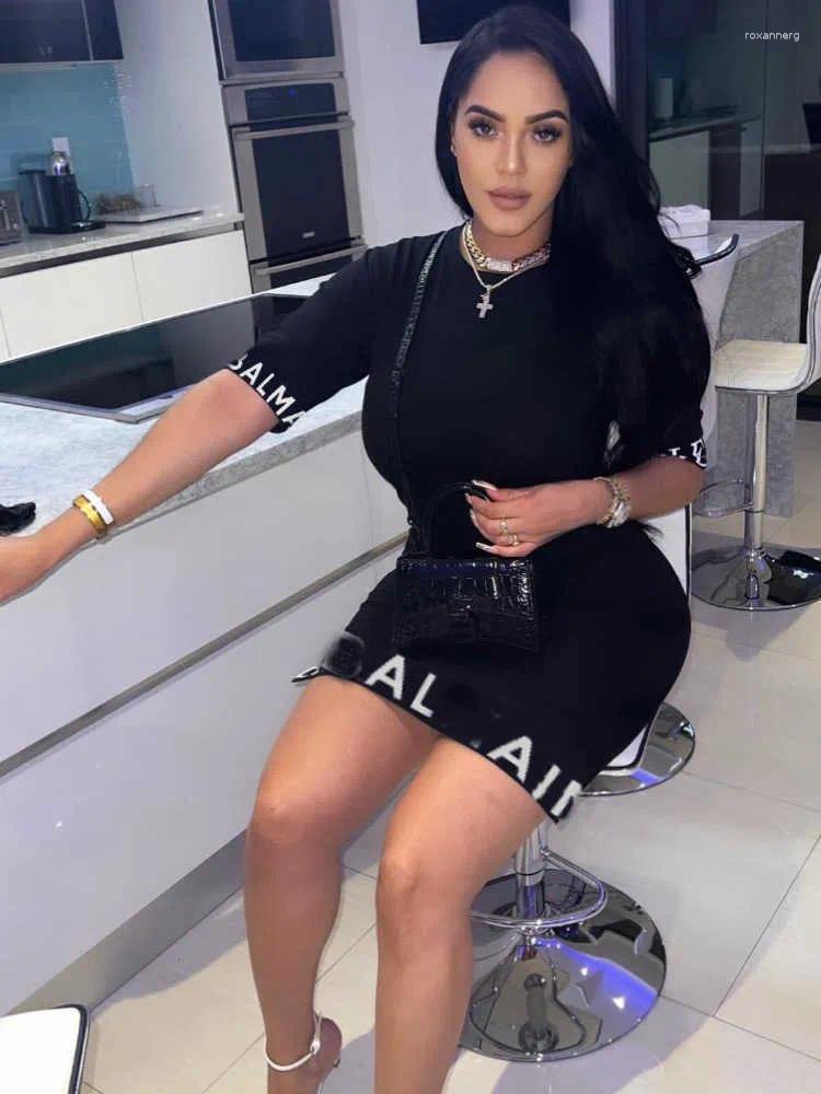 Casual Dresses Plus Size Women Dress Letter Printed Short Sleeve Slim Fit Wrap Hip For