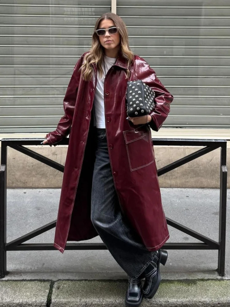 Burgundy Color Stitching Glossy Lacquer Leather Overcoat Fashion Pocket Lapel Oversize Jacket 2024 Lady Streetwear 241118