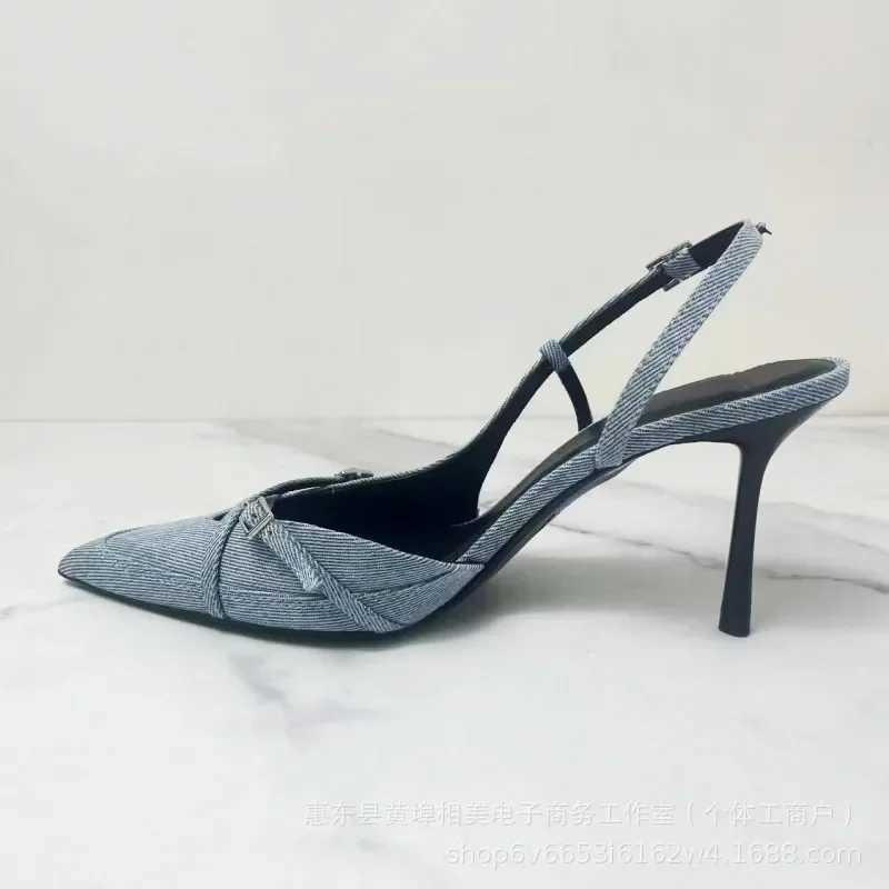 Designer heels TRAF 2024 Summer Warm Denim Blue H Pump Stiletto High Heels Sexy Wan Sandals Fi Hanging Back Corner End Shoes Y241118