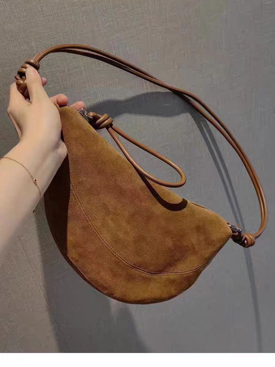 New High-End Soft Lambskin Matte Suede Leather Half Moon Pea Shape Saddle Green Coffee Women Shoulder Crossbody Bag Genuine Leather BagVoyage