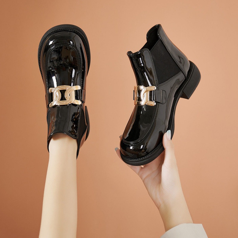 designer metal new chains leather boots women square toe short tube New winter booties female motorcycle ankle bottes