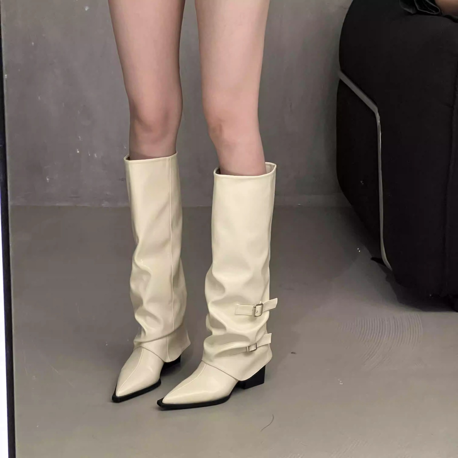 New Footwear Modern Women Knee High Boots Designer Buckle Fashion New Pointed Toe Ladies Long Booties With 5.5CM Heels Female Shoes