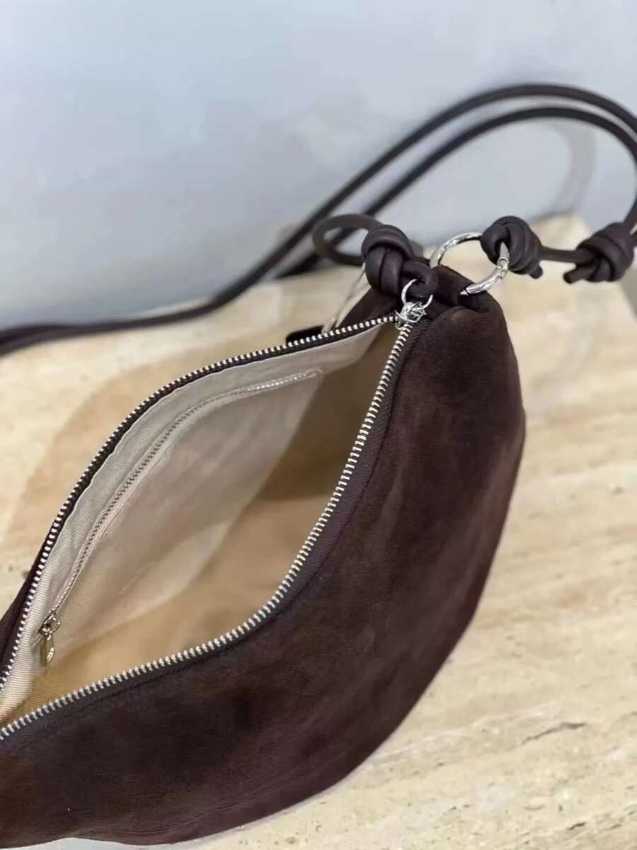 New High-End Soft Lambskin Matte Suede Leather Half Moon Pea Shape Saddle Green Coffee Women Shoulder Crossbody Bag Genuine Leather BagVoyage