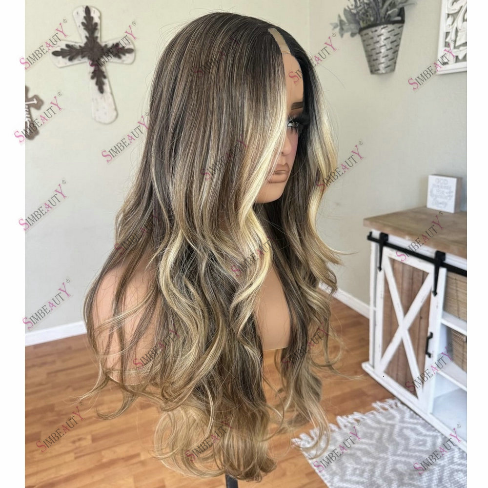 Brown Highlight Blonde U Adjustable Natural Body Wave 1*4 Size V Part Wig Human Hair Easy Wear For Women