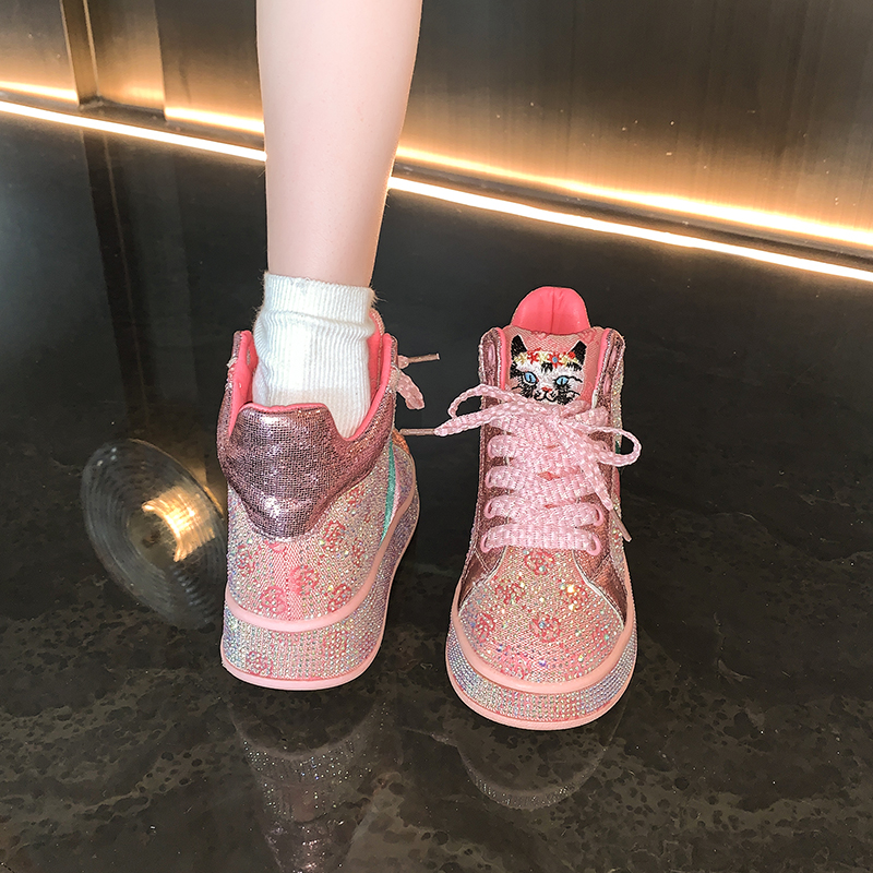 Designer Shiny Sequins Chunky Platform Sneakers Women Breathable Lace Up Height Increase Shoes Woman Fashion Cute Pink Sneakers Luxury high-quality fl
