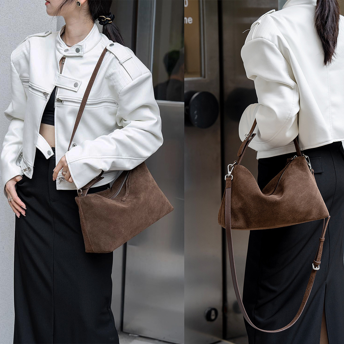 Donna-In Natural Cow Suede Handbag For Women Large Capacity Soft Shoulder Spring Retro High Quality Zipper Crossbody Bags Check BagVoyage