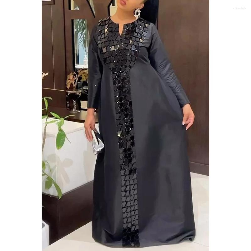 Plus Size Dresses Fashion Womens Black Satin Sequin Dress Long Sleeve Maxi Casual Holiday Solid Color Robe