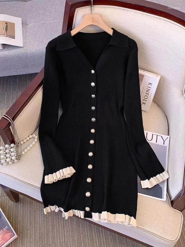 Lanjia- CNLONGBIDA Casual Dresses Autumn Winter French Fashion Old Money Long Sleeve Knit Dress Women 2000S V-Neck Frock Mini One-Piece Vintage Coquet
