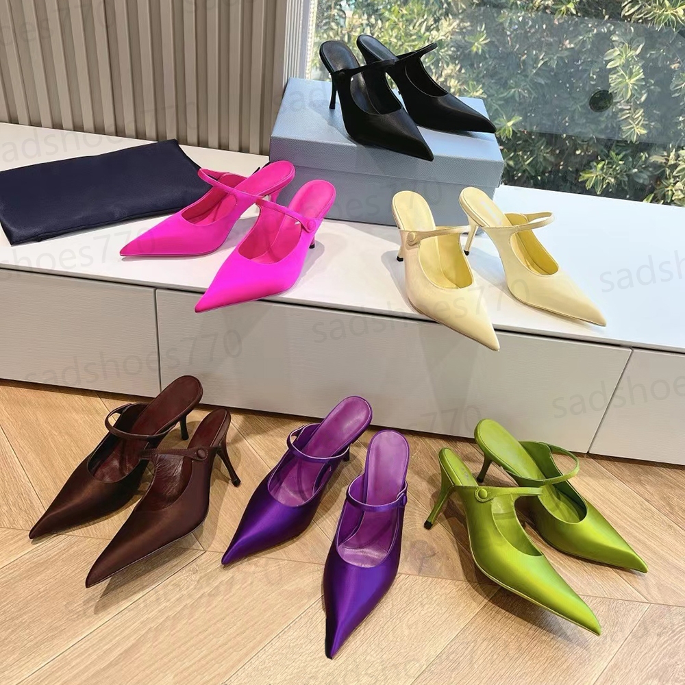 Women's silk satin pointed toe slippers mules Strap style 90 mm stiletto heel sandals Party evening shoes luxury designers High heeled slippers 35-42 with box