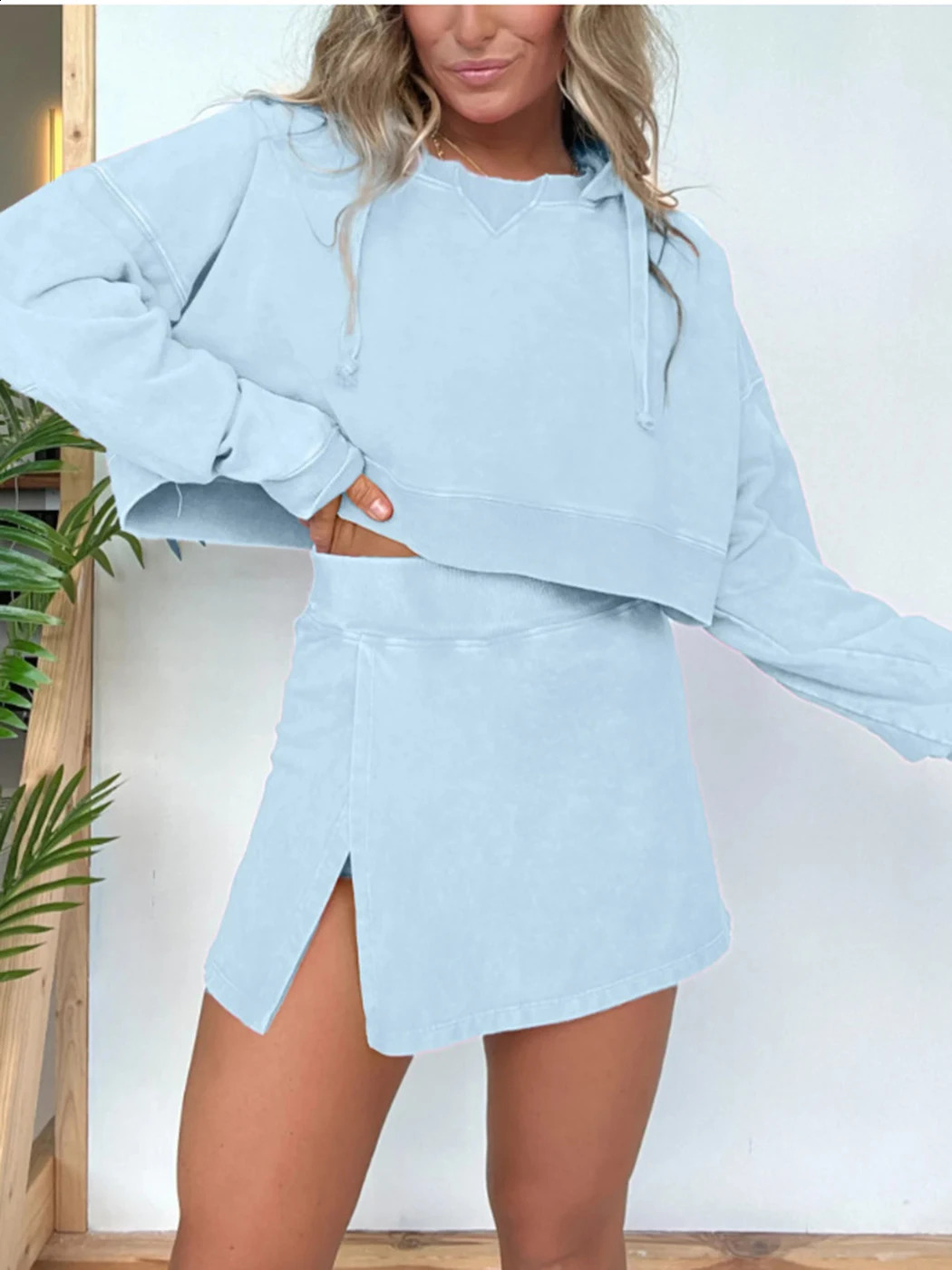 Vintage Short Sweatshirt And Skirt Set Apring Autumn Pullover Tops Slit Skirt Two Piece Sets 241118