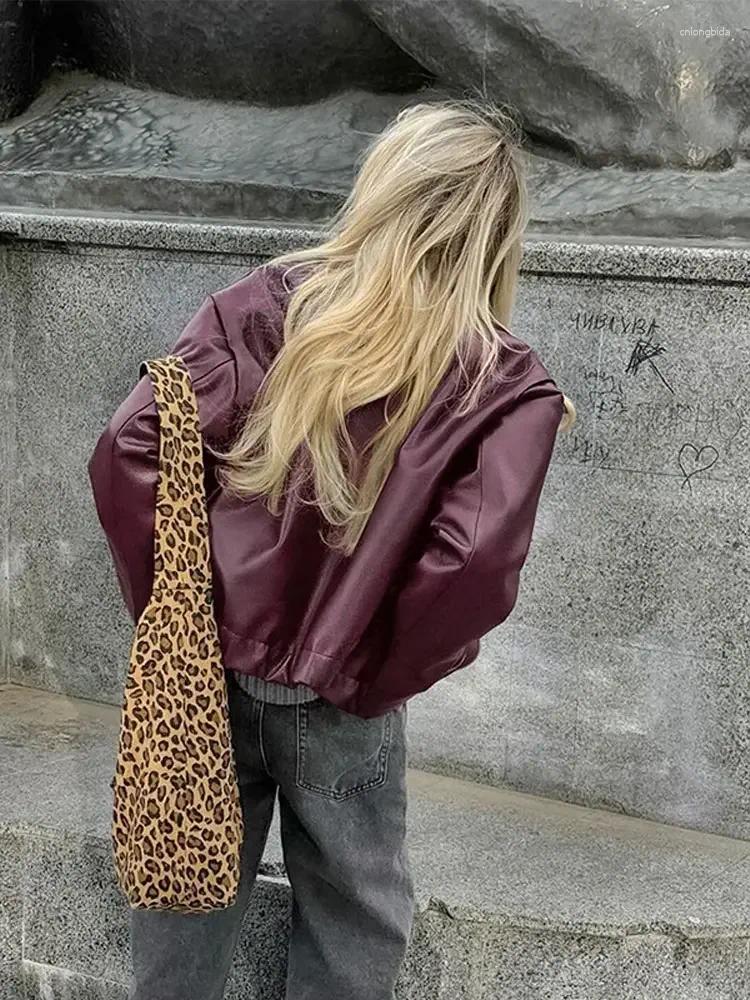Womens Leather Y2K Wine Red Lapel Zipper Motorcycle Jacket For Women Autumn Vintage Long Sleeve Bomber Biker Female Street Coats