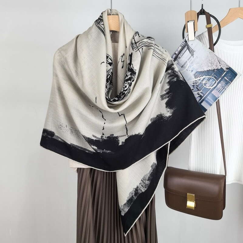 P Tower black and white oil painting splashed ink double-sided same color printed silk wool warm shawl large square scarf