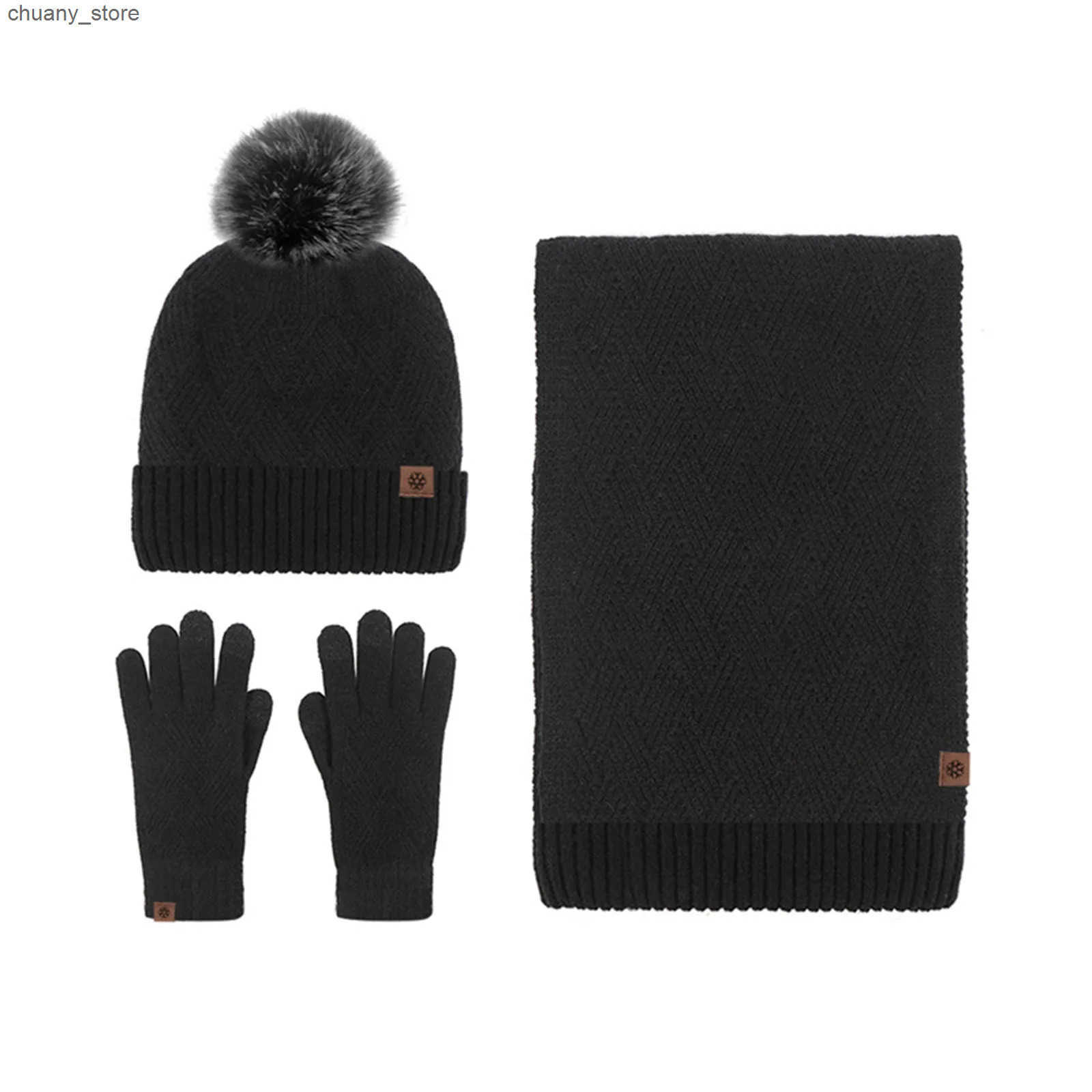 Hats Scarves Sets 3PC Set 2023 Winter Knitted Hat Scarf and Glove Set Womens Fashion Stay Warm Thick Soft Scarf Set Christmas Clothing Accessories L24