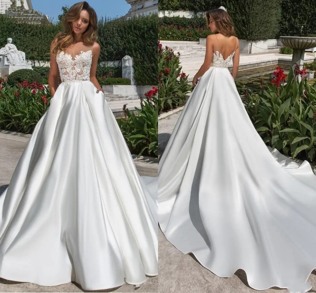 Modern Satin A Line Wedding Dresses For Brides With Pockets Sheer Crew Neck Lace Size Simple Bridal Gowns Sweep Train Backless Robes de Mariee YD