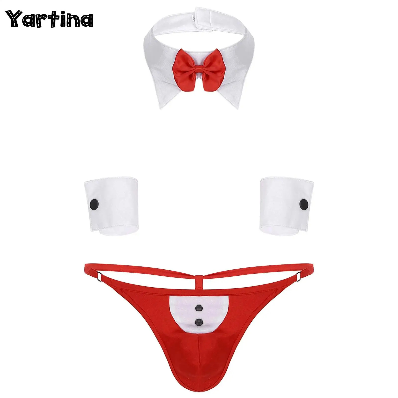 3Pcs Mens Waiter Tuxedo Sexy Cosplay Outfit Lingerie Open Back Tuxedo G-string Thong Underwear with Bow Tie Collar And Bracelets 241118
