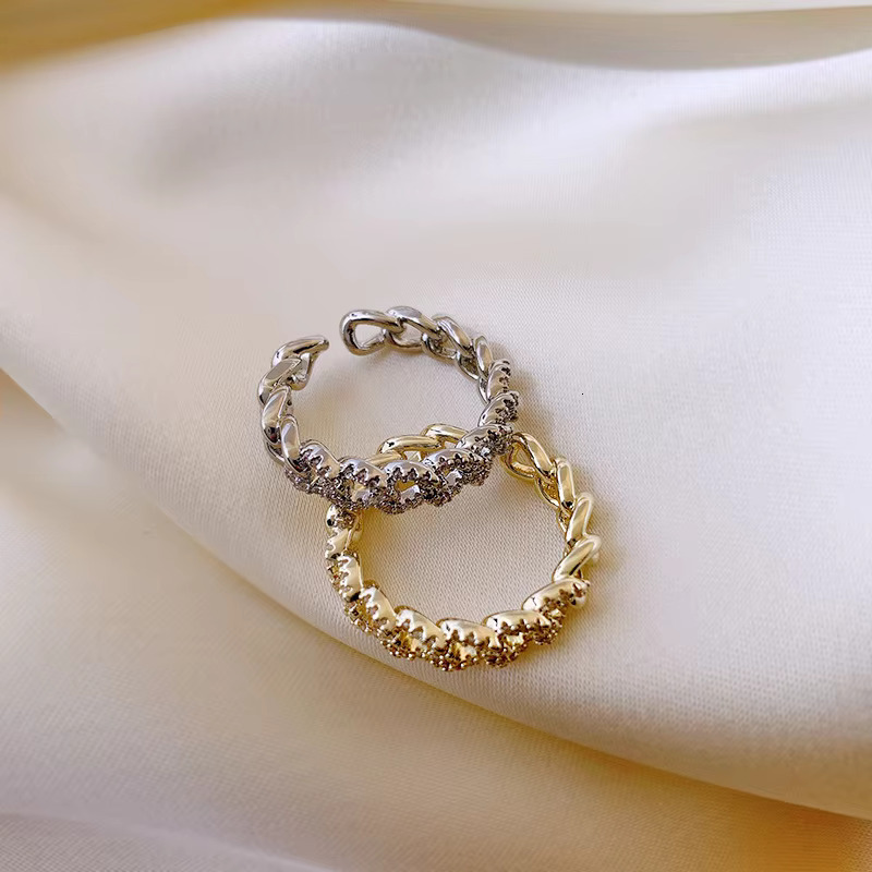 Waterproof Non Tarnish Jewelry 18k Gold Plated Zircon Chunky Cuban Chain Finger Open Ring Pave Diamond Adjustable