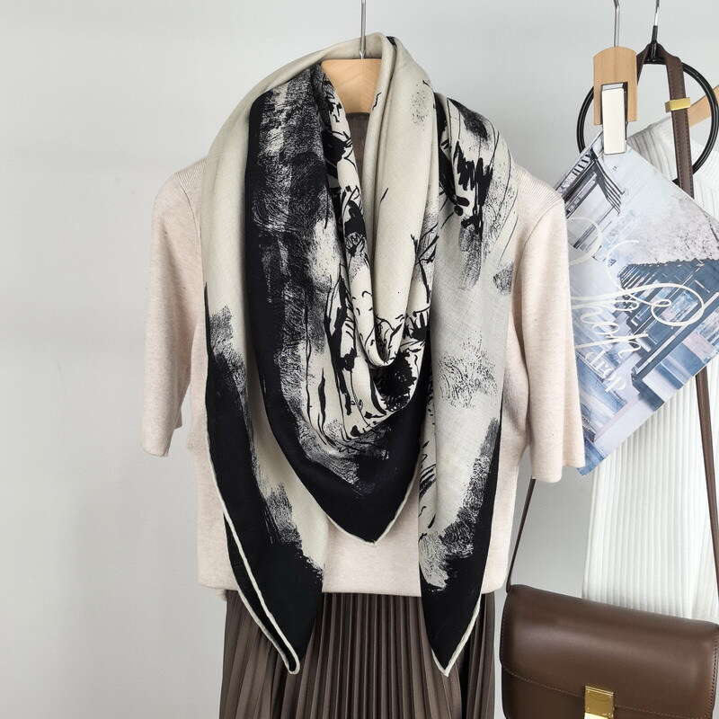 P Tower black and white oil painting splashed ink double-sided same color printed silk wool warm shawl large square scarf