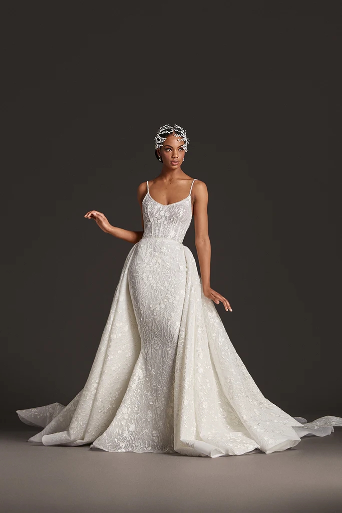 2024 Shiny Floral Prints Spaghetti Straps 2 In 1 Mermaid Wedding Dress With Removable train Sleeveless Beading AppliquesFlowers Lace Trumpet Bridal Go