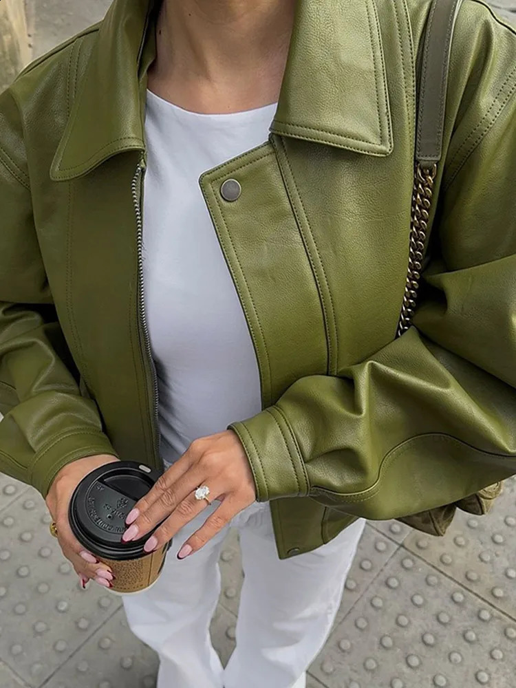 2024 Chic Avocado Green Single Breasted Leather Jackets Fashion Oversized Lapel Zipper Coats Lady Motocycle Streetwear 241118
