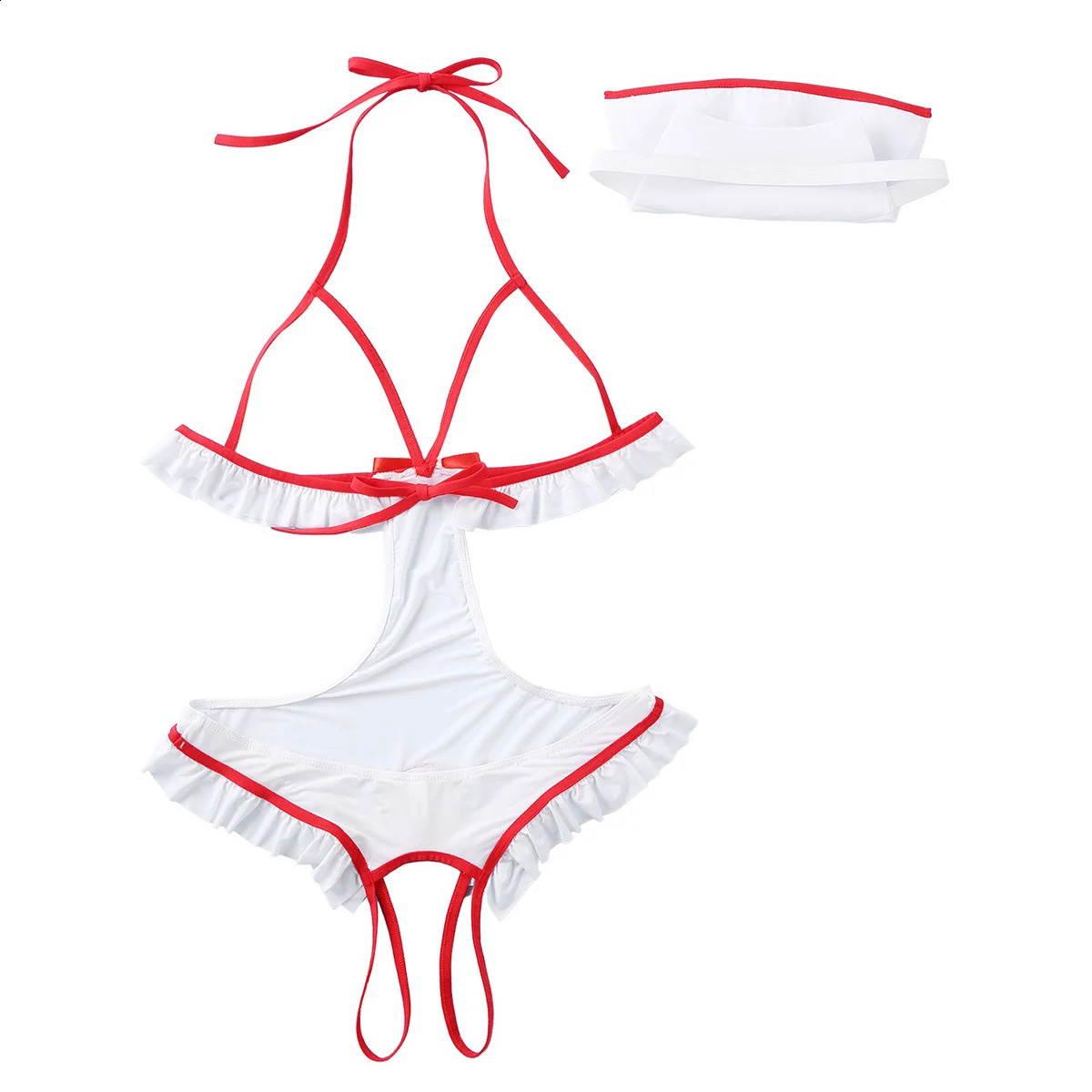 Womens Fantasy Sexy Nurse Cosplay Roleplay Lingerie Set Halter Neck Open Cups Crotchless Tie-on Leotard Bodysuit with Headband 241118