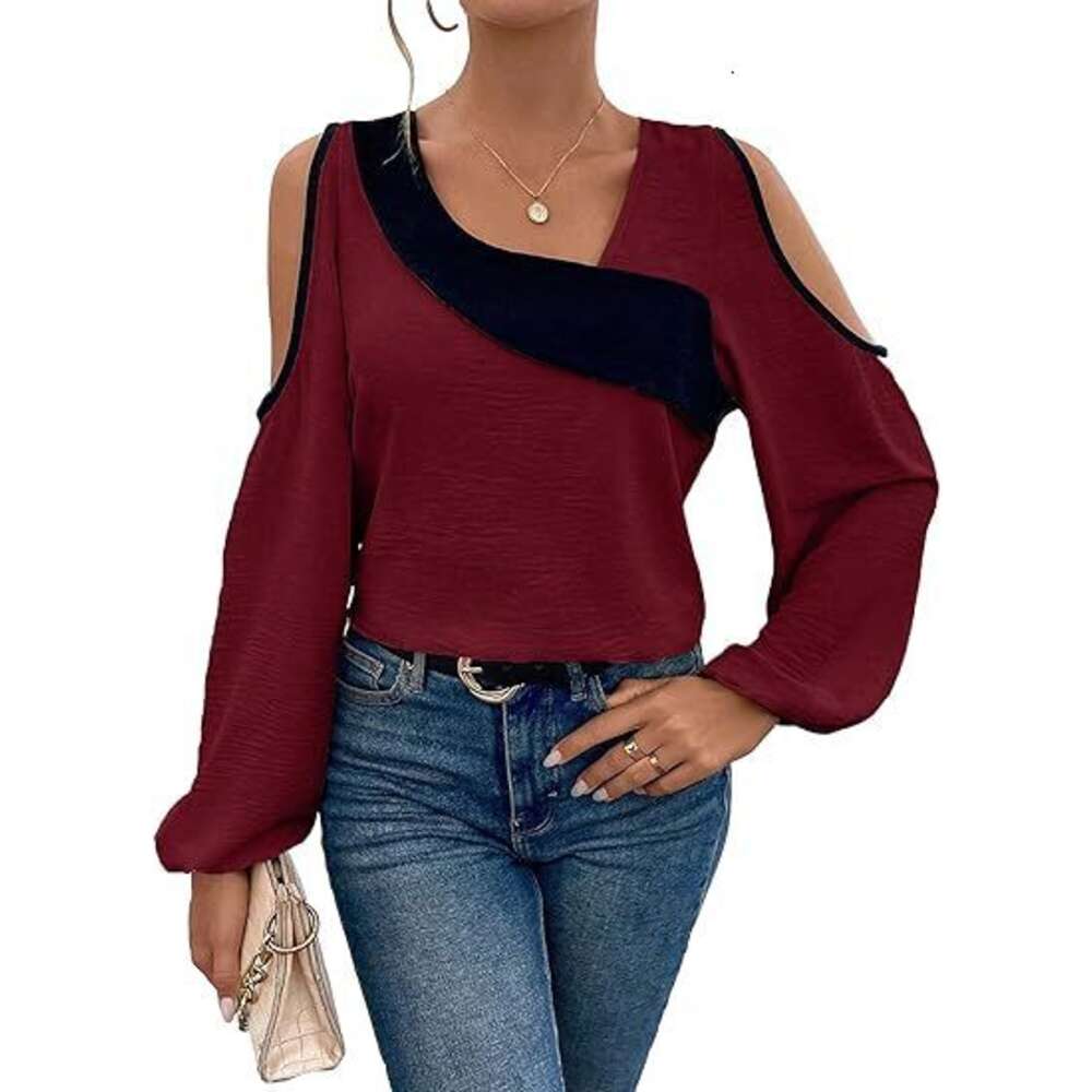 2024 Shirt Off Shoulder Patchwork Long Sleeved Fashionable Loose Fitting Women's Top F41829