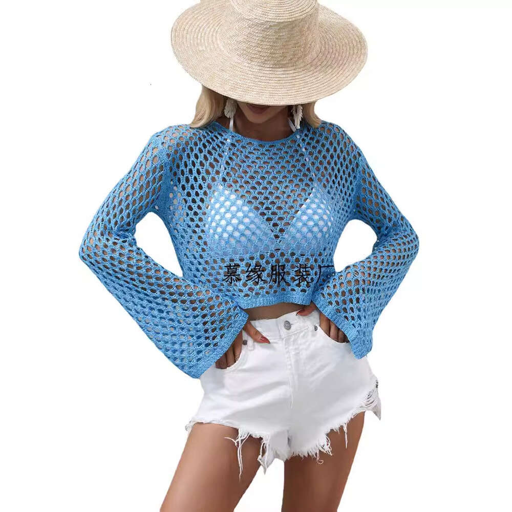 2023 Spring/summer New Knitwear Flare Sleeves Loose Round Neck Hollow Out Sweater for Women F41836