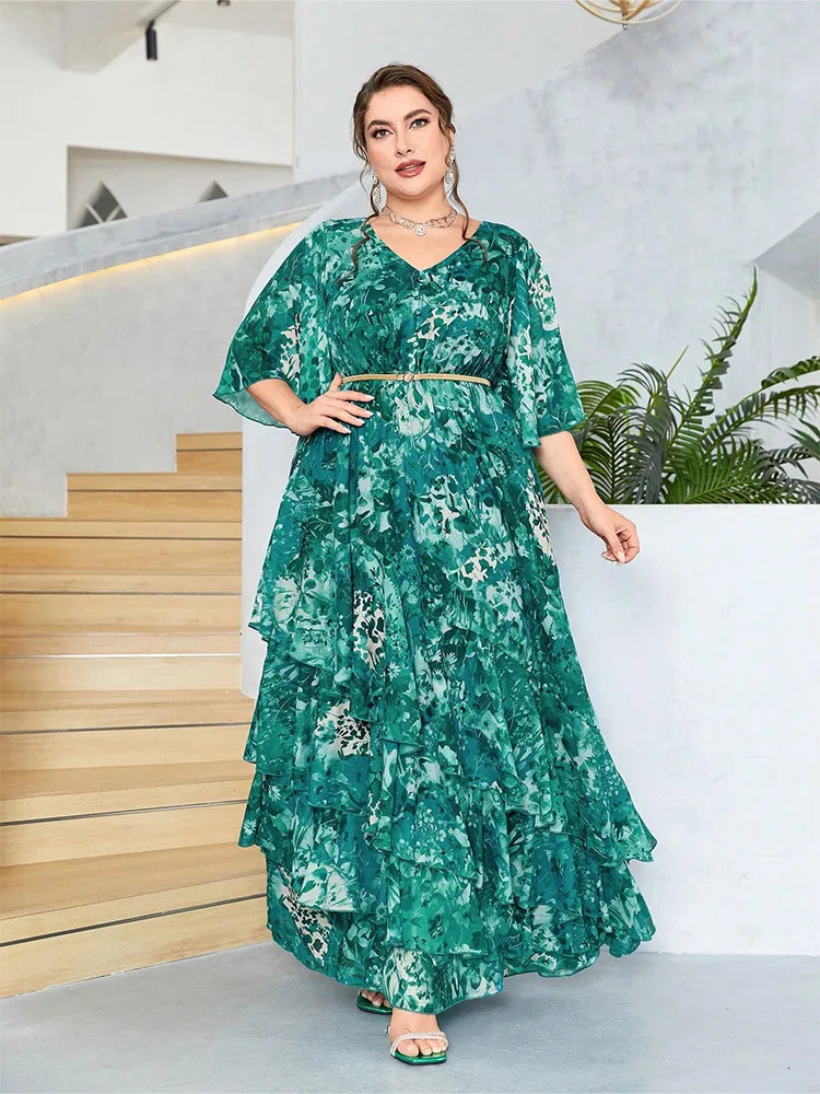 New Women Plus Size Maxi Dresses Stylish Elegant Chiffon Dress Casual Vneck Flared Sleeves Vintage Green Print Vacation Dress