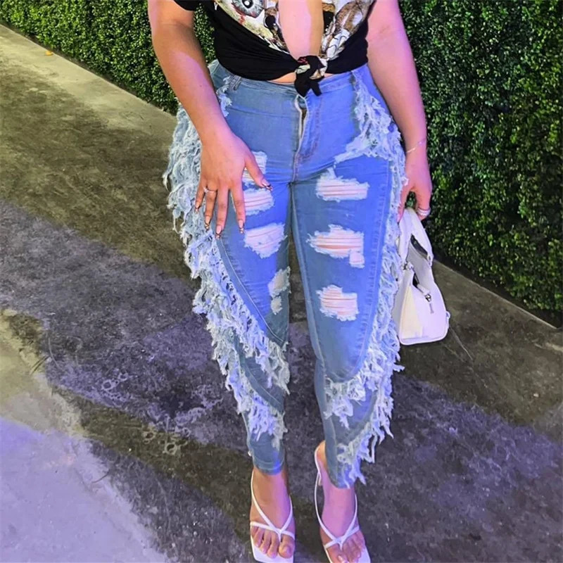 Womens side stitched tassel fashionable pencil jeans stretch slim fit high waisted denim Trouser womens trend casual ripped pants 241118bj