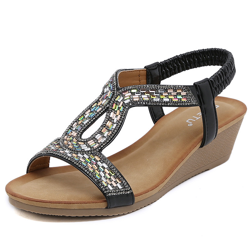Bohemian Sandals GAI Women Slippers Wedge Gladiator Black Pink White Sandal Womens Elastic Beach Shoes String Bead Eur36-42 s