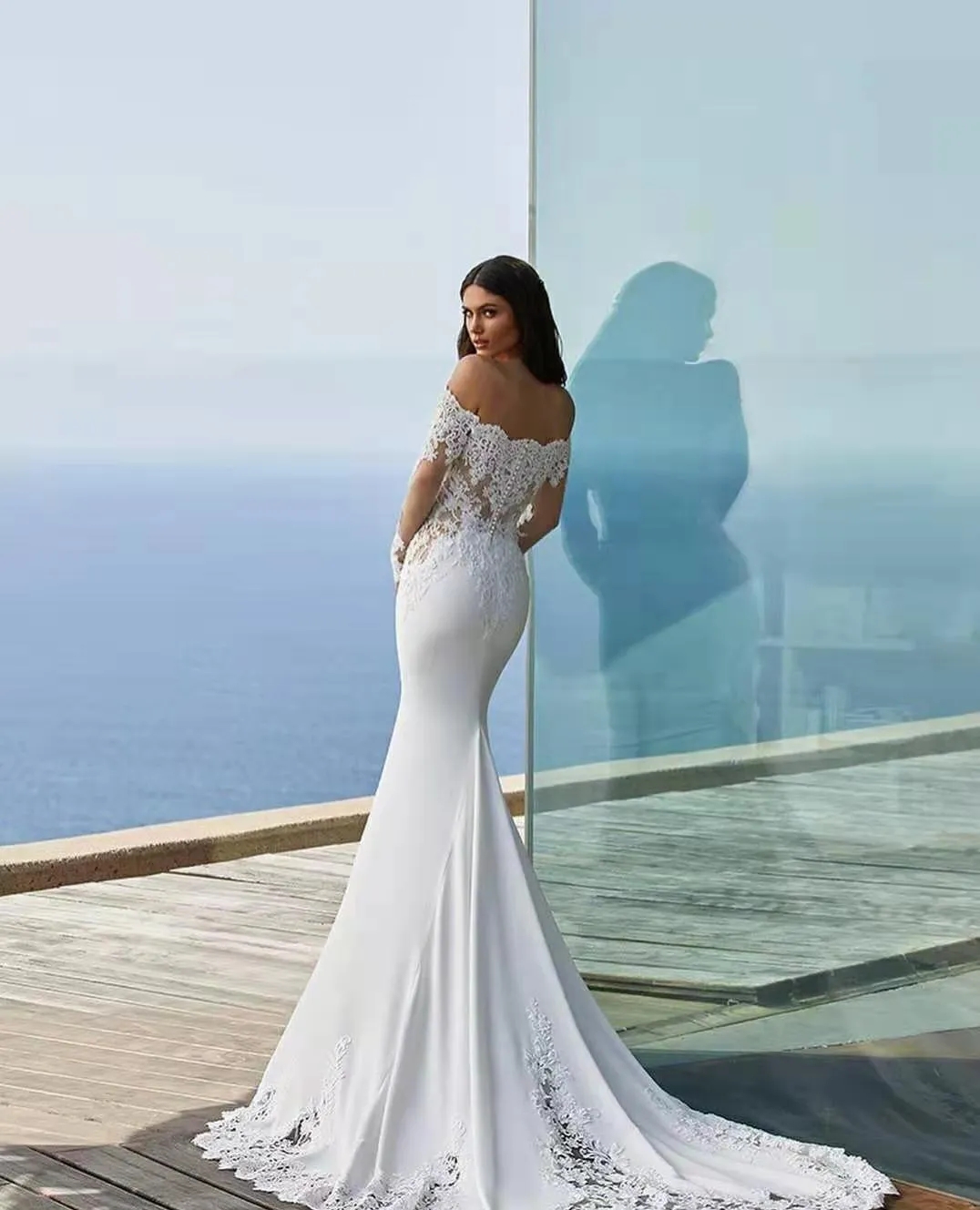 2024 Modern Off The Shoulder Mermaid Wedding Dresses Long Sleeve Lace Appliqued Beach Boho BridalTrain Vestidos YD