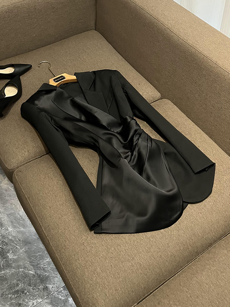 2025 Spring White / Black Pure Color Draped Blazer Dress Long Sleeve Notched-Lapel Mini Short Casual Dresses H4N162315 Check Size Chart Please