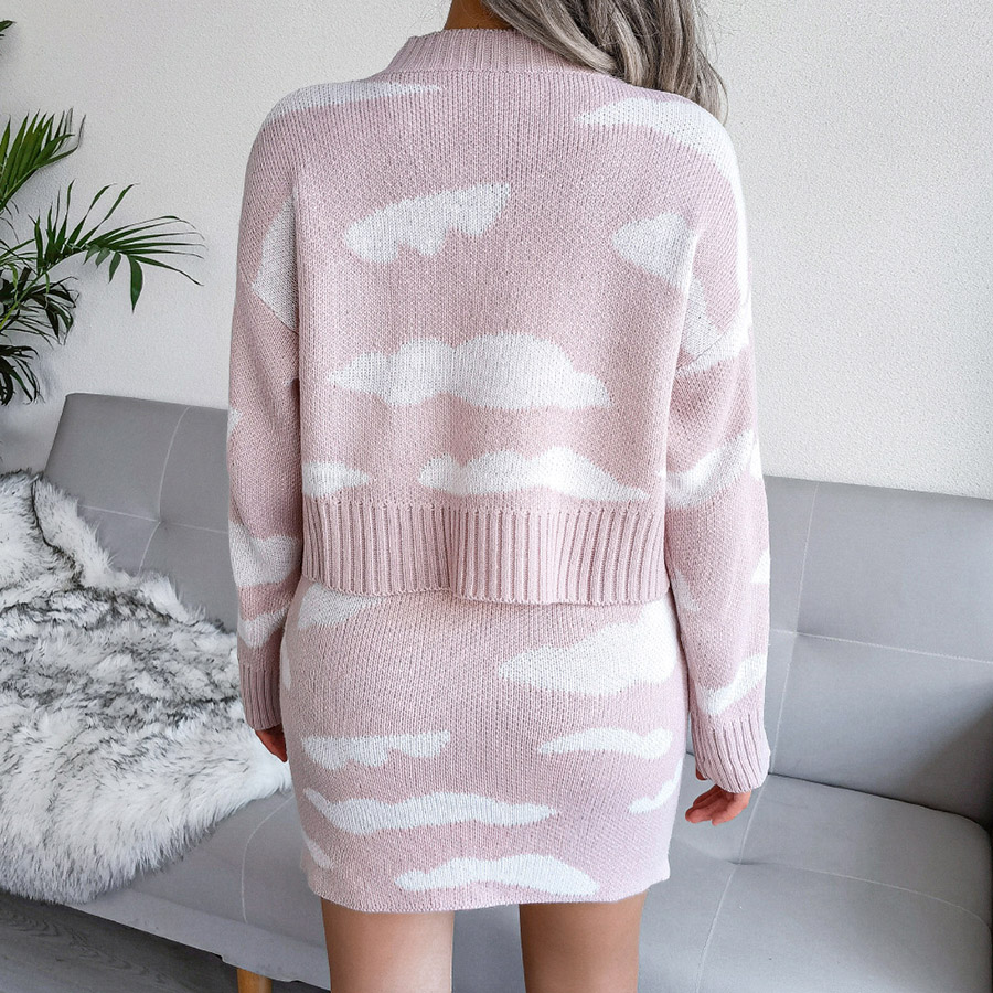 Women's Two Piece Dress White Cloud Pattern Knit Sweater and Wrap Hip Skirt