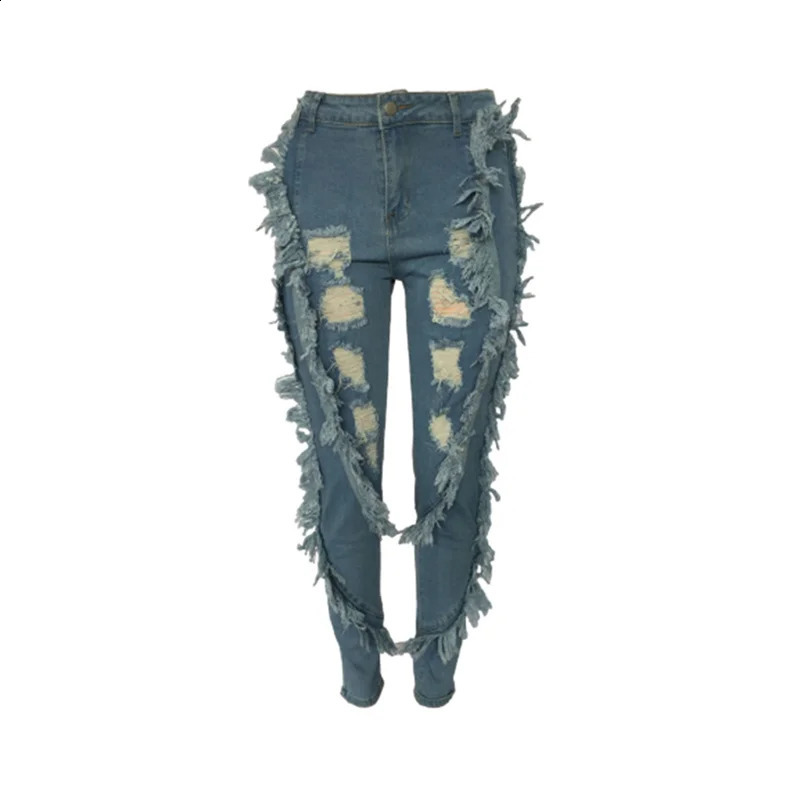 Womens side stitched tassel fashionable pencil jeans stretch slim fit high waisted denim Trouser womens trend casual ripped pants 241118bj