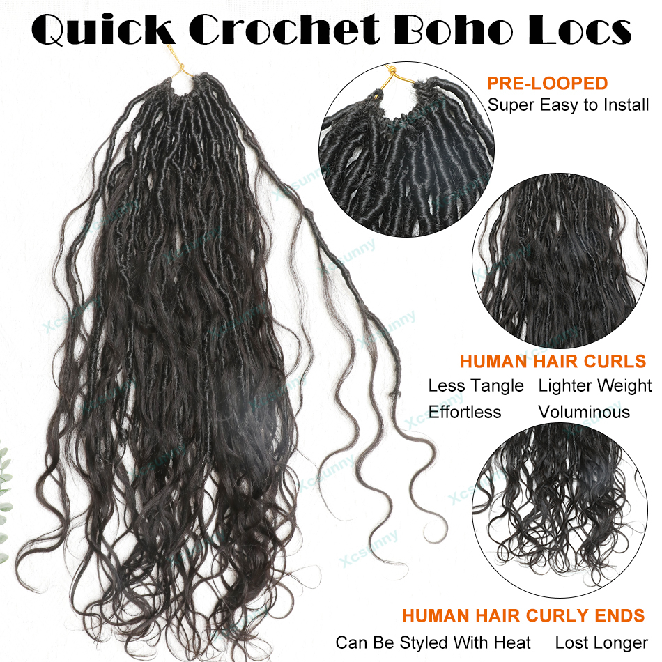 Curls Human Hair Knotless Pre Looped Crochet Boho Locs With Curly Ends Body Wave