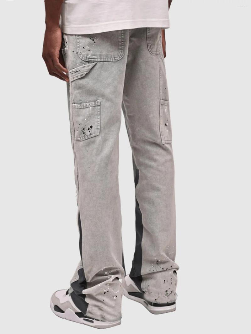Mens Jeans Hand-painted Black Stacked Flared Pants Contrast Color Spliced Casual Denim Outwear For Male