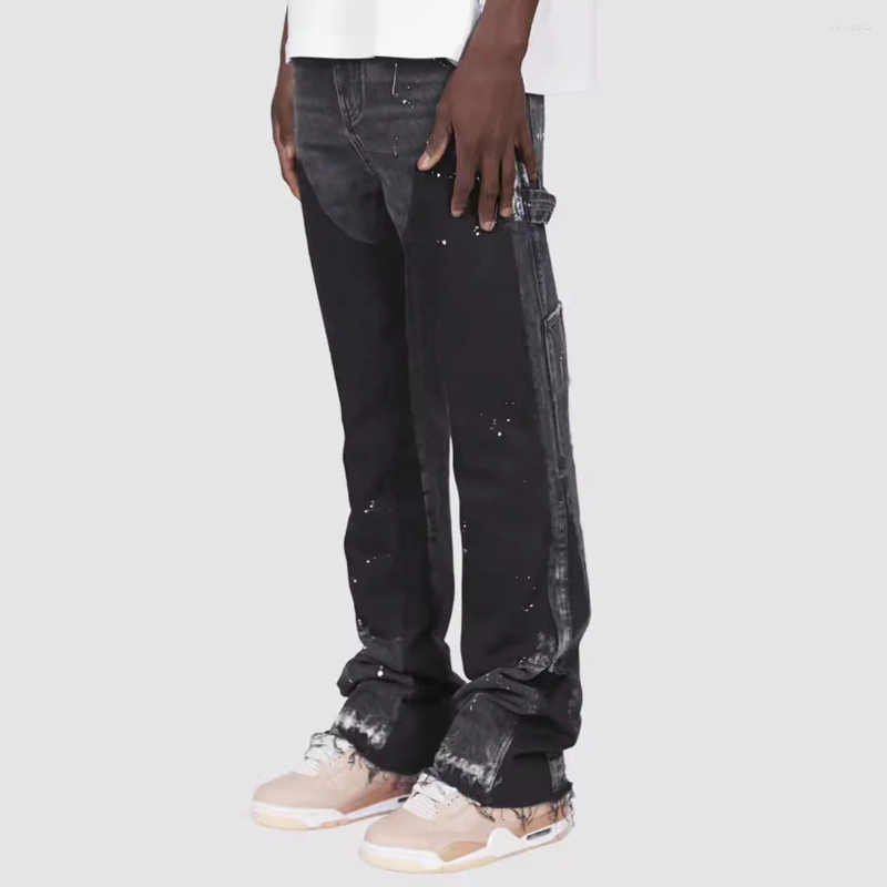Mens Jeans Hand-painted Black Stacked Flared Pants Contrast Color Spliced Casual Denim Outwear For Male