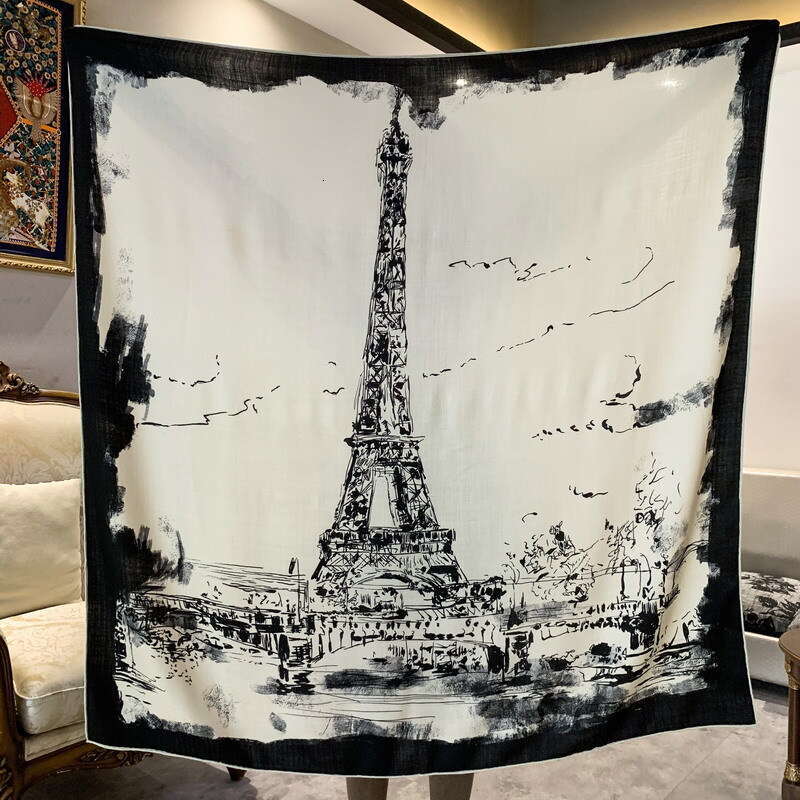 P Tower black and white oil painting splashed ink double-sided same color printed silk wool warm shawl large square scarf