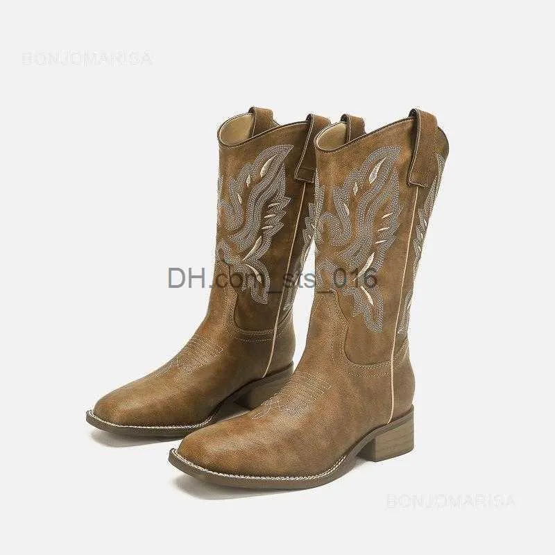 Cowboy Mid Western Cowgirls Calf Boots For Women Chunky Heel Embriodery Sip On Vintage Brand Designer Comfy Shoes Woman T230824 241119