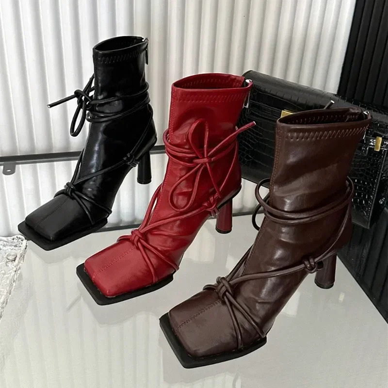 New 2024 Cross Strap Design Square Toe Ankle Boots 2025 Winter Sexy Thin Round High Heels For Women Back Zip Botas Mujer