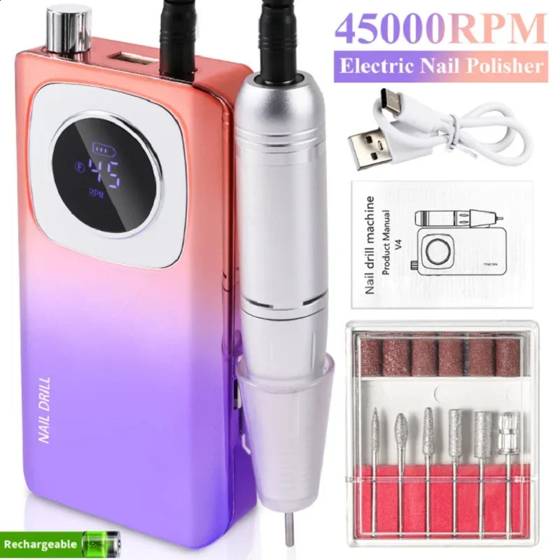 Original 45000RPM Professional Rechargeable Electric Nail Drill Machine Portable Cordless Nail File For Acrylic Gel Nails Remove 241118