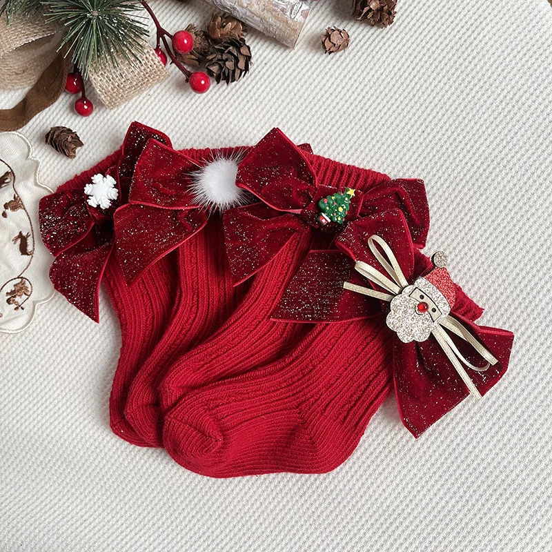 0-5 year winter girls Christmas socks soft cotton childrens red wool knee high socks born gift socks 241118
