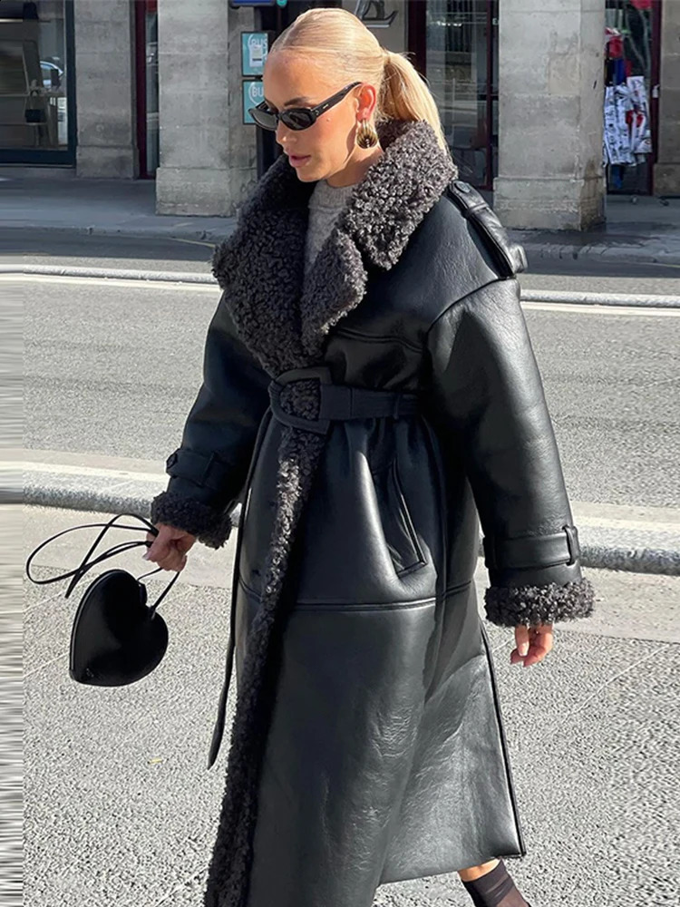 Street womens leather sheepskin wool coat long sleeved single breasted jacket with lapel 2024 thick winter jacket 241118