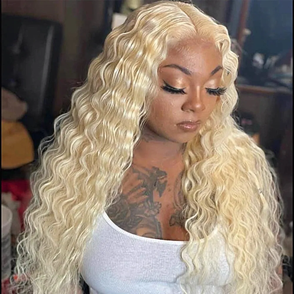 Blonde Wig Kinky Curly Simulation Human Hair Ombre Color 13X4 Lace Closure Wigs 32 Inches for Women Brazilian Curly 280% Density 360 Lace Frontal Long