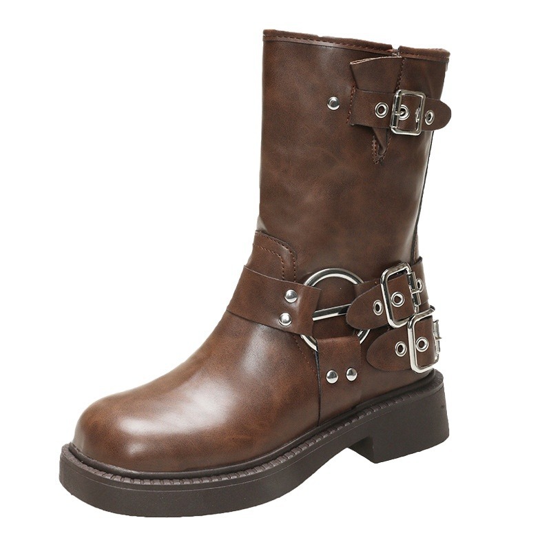 British Minimalist Brown Thick Soled Thick Heeled Knight Boots Free Shipping.
