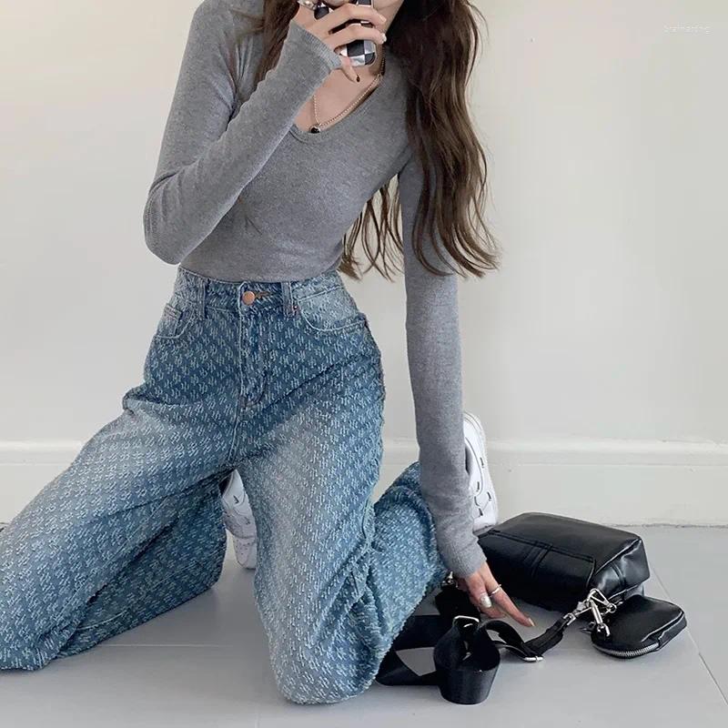 Women's Jeans Vintage Blue Straight Leg Women Ripped Streetwear Soft Denim Pant Female High Waist Korean Fashion Chic